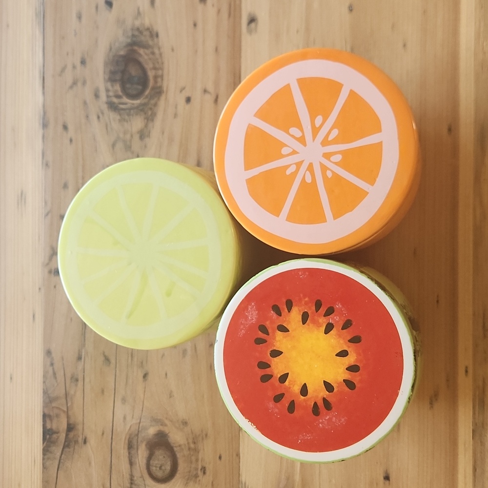 3 piece ceramic canister set watermelon, lime, orange
